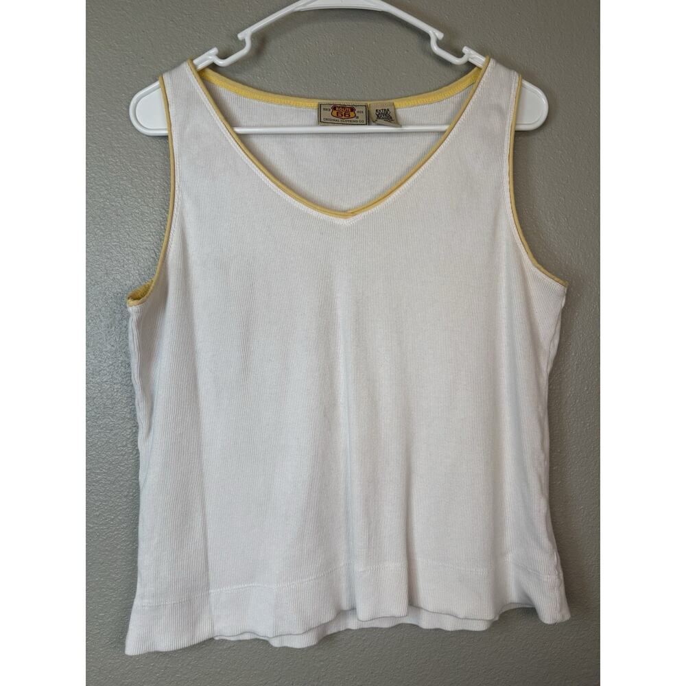 Vintage Y2K Route 66 White Tank Top Yellow Piping Ribbed Size XL 100% Cotton